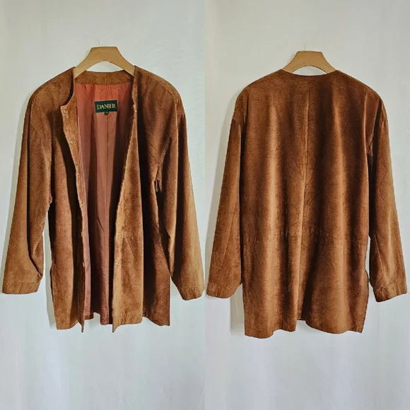 🇨🇦 Danier Leather Tobacco Brown Suede Button Long Coat Jacket - Picture 11 of 15